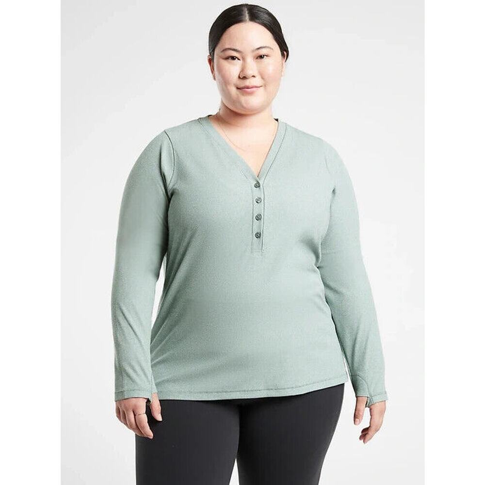 Athleta Womens Uptempo Ribbed Henley Top Size 1X Plus Active Long Sleeve Casual